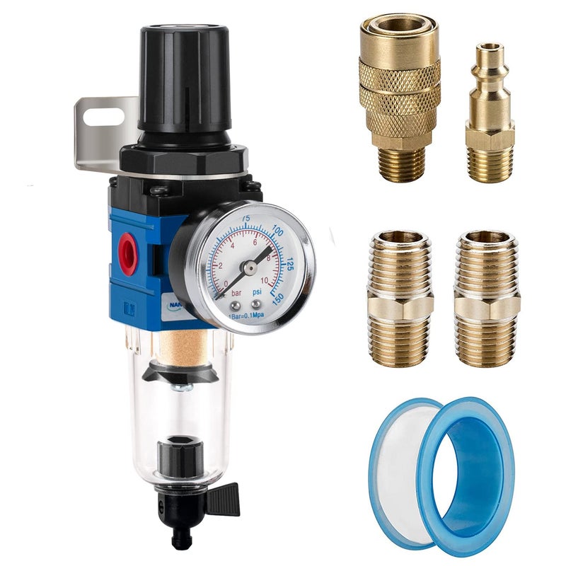 NANPU 1/4" NPT Compressed Air Filter Regulator Combo Piggyback, 5 Micron Brass Element, Poly Bowl, Manual Drain, Metal Bracket, 0-150 psi Gauge - AW2000-02M - Image 1